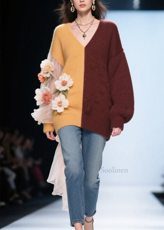 Classy Colorblock V Neck Tulle Floral Knit Top Fall