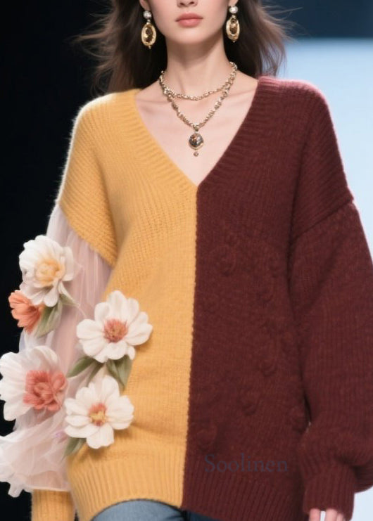 Classy Colorblock V Neck Tulle Floral Knit Top Fall