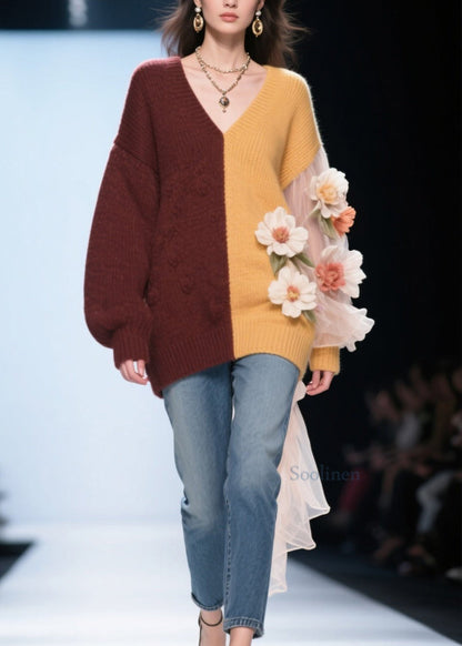 Classy Colorblock V Neck Tulle Floral Knit Top Fall