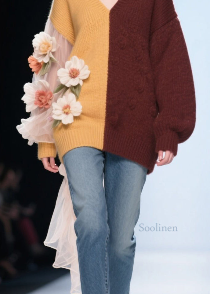 Classy Colorblock V Neck Tulle Floral Knit Top Fall