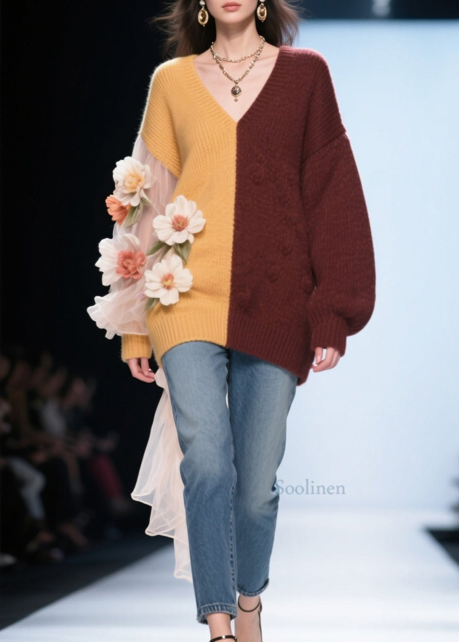 Classy Colorblock V Neck Tulle Floral Knit Top Fall