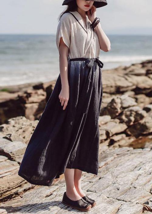 Classy Cotton clothes Women Women Drawstring V-Neck Solid Vintage A-Line Dress - SooLinen