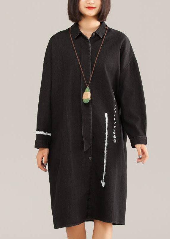 Classy Cotton quilting clothes Vintage Black Casual Cotton Graffiti Arrow Loose Dress