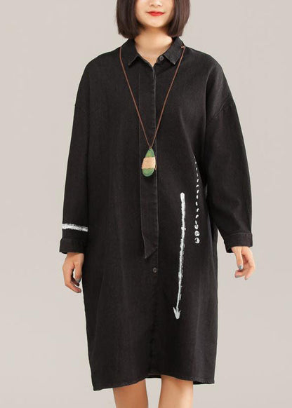 Classy Cotton quilting clothes Vintage Black Casual Cotton Graffiti Arrow Loose Dress