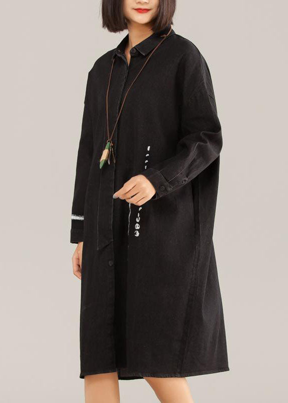 Classy Cotton quilting clothes Vintage Black Casual Cotton Graffiti Arrow Loose Dress