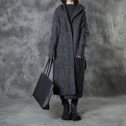 Classy Dark Gray Loose Hooded Fall Knitwear Coat