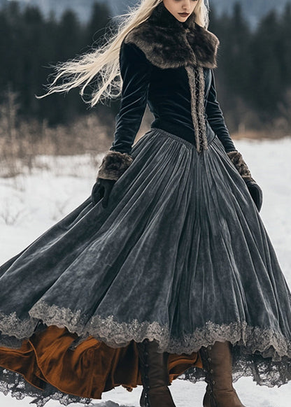 Classy Dark Grey Fur Collar Lace Patchwork Silk Velvet Long Dress Spring