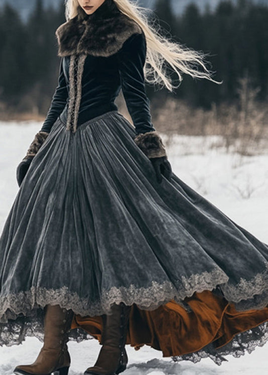 Classy Dark Grey Fur Collar Lace Patchwork Silk Velvet Long Dress Spring