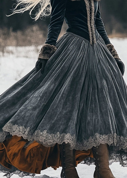 Classy Dark Grey Fur Collar Lace Patchwork Silk Velvet Long Dress Spring