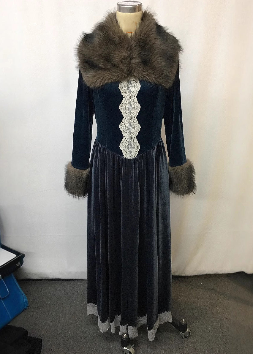 Classy Dark Grey Fur Collar Lace Patchwork Silk Velvet Long Dress Spring