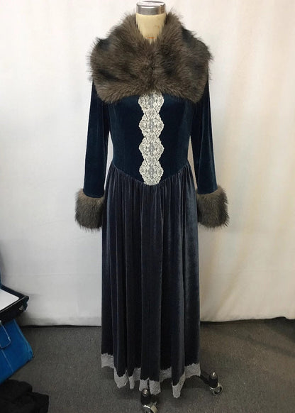 Classy Dark Grey Fur Collar Lace Patchwork Silk Velvet Long Dress Spring