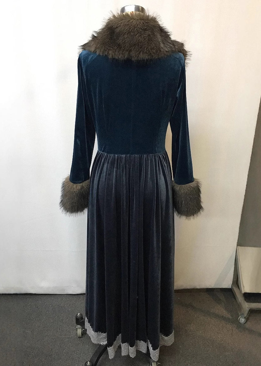 Classy Dark Grey Fur Collar Lace Patchwork Silk Velvet Long Dress Spring