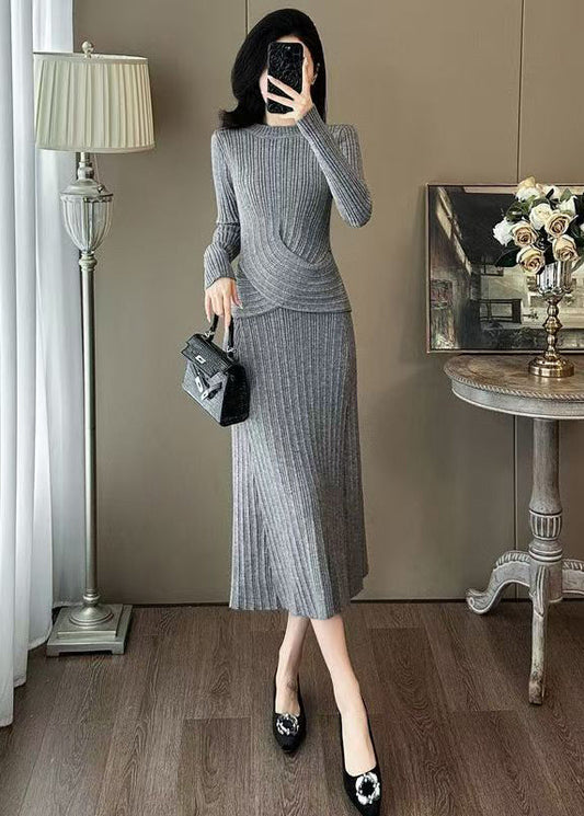 Classy Dark Grey O Neck Knit Two Pieces Set Winter