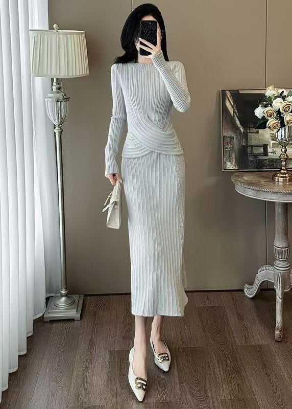 Classy Dark Grey O Neck Knit Two Pieces Set Winter