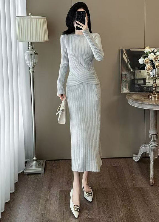 Classy Dark Grey O Neck Knit Two Pieces Set Winter