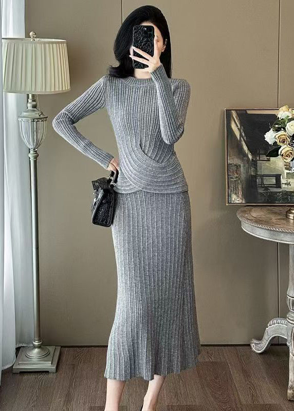 Classy Dark Grey O Neck Knit Two Pieces Set Winter