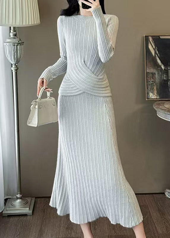 Classy Dark Grey O Neck Knit Two Pieces Set Winter