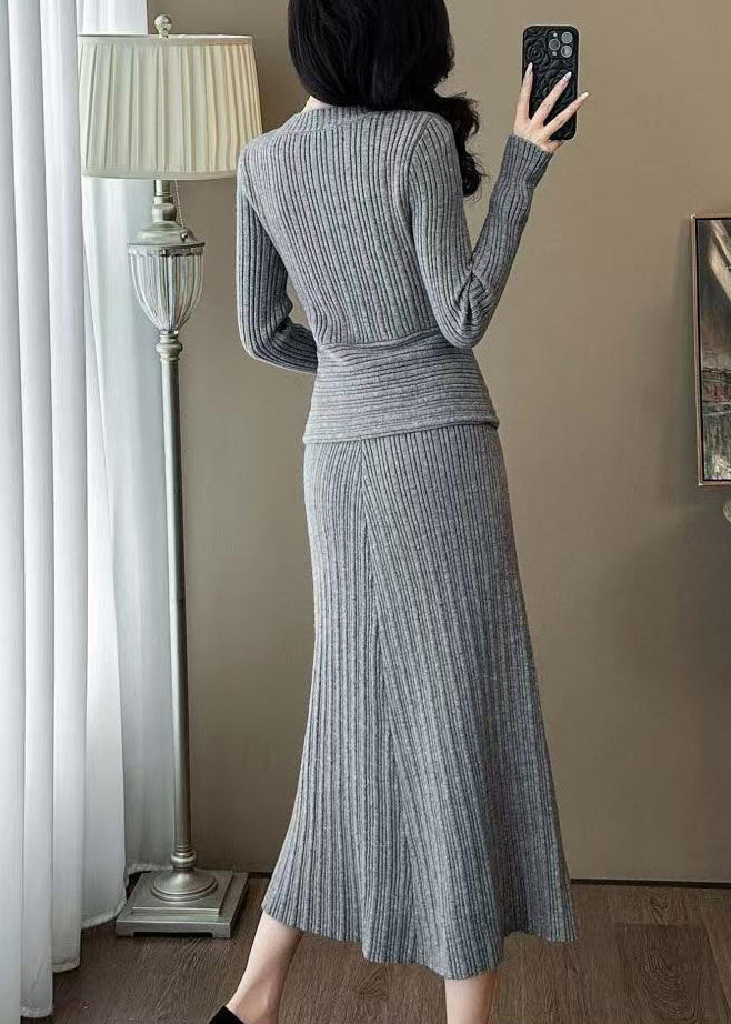 Classy Dark Grey O Neck Knit Two Pieces Set Winter
