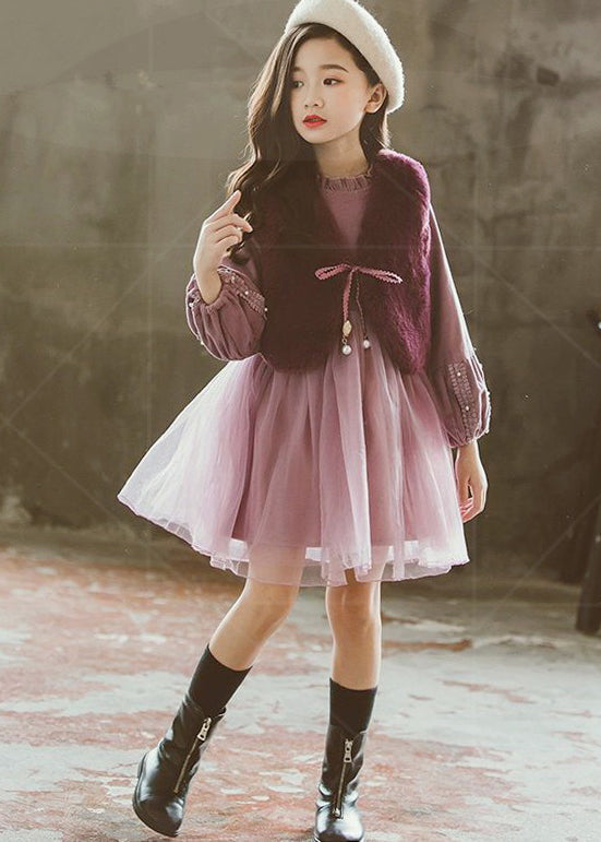 Classy Dark Purple V Neck Girls Leather Fur Waistcoat And Tulle Dress Two Piece Set Fall