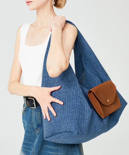 Classy Denim Blue Large Capacity Patchwork Pocket Cotton Shoulder Bags