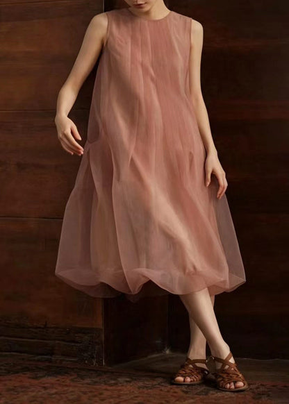 Classy Dusty Pink O-Neck Wrinkled Vacation Dresses Sleeveless