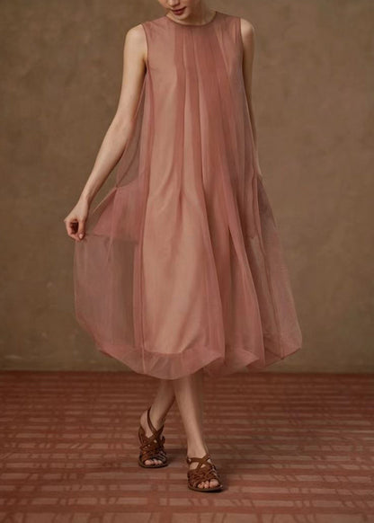 Classy Dusty Pink O-Neck Wrinkled Vacation Dresses Sleeveless