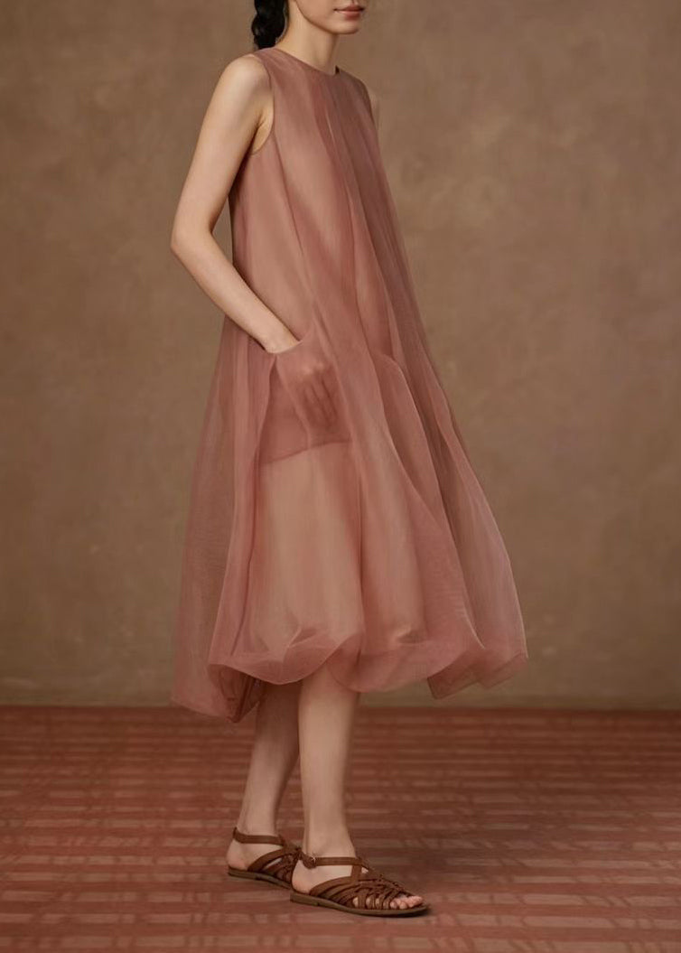Classy Dusty Pink O-Neck Wrinkled Vacation Dresses Sleeveless