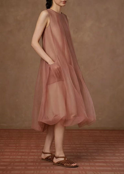 Classy Dusty Pink O-Neck Wrinkled Vacation Dresses Sleeveless