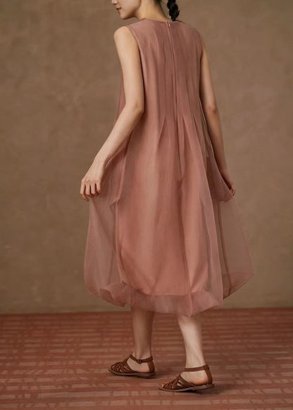 Classy Dusty Pink O-Neck Wrinkled Vacation Dresses Sleeveless