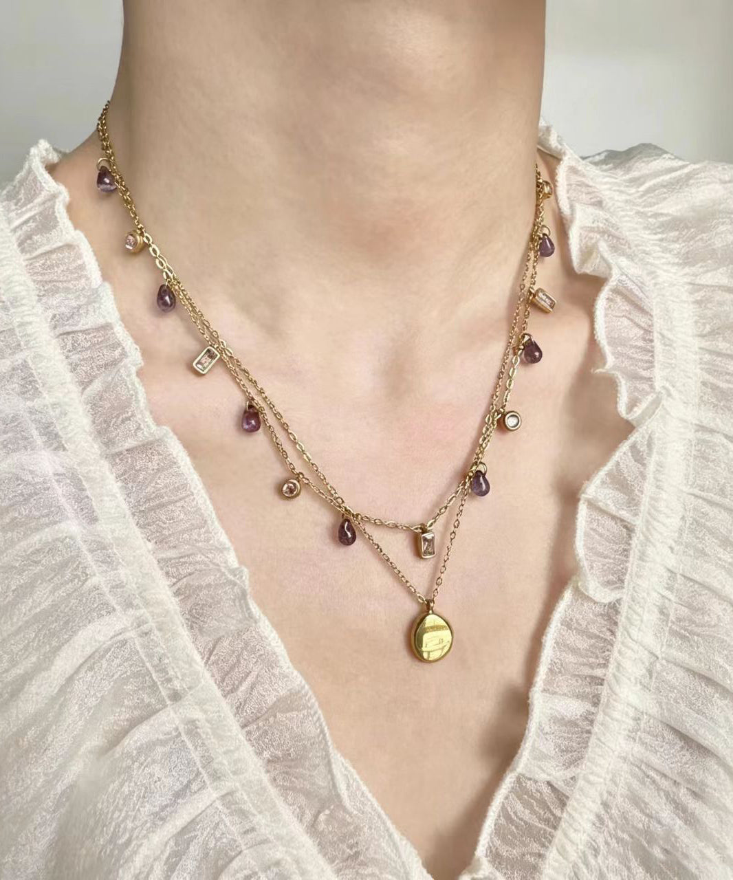Classy Gold Czech Glass Pendant Necklace Two Piece Set