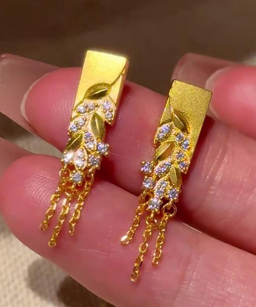 Classy Gold Sterling Silver Overgild Ear Of Wheat Fallen Leaves Tassel Drop Earrings