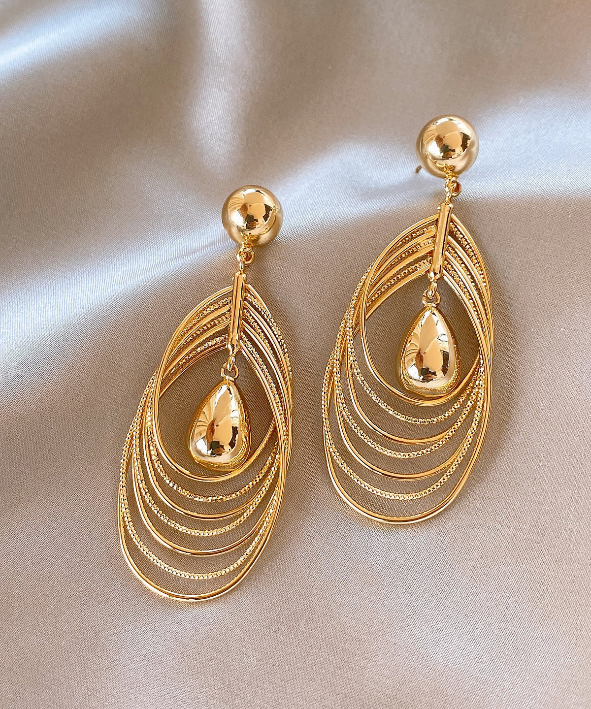 Classy Gold Sterling Silver Overgild Layered Water Droplet Circle Drop Earrings