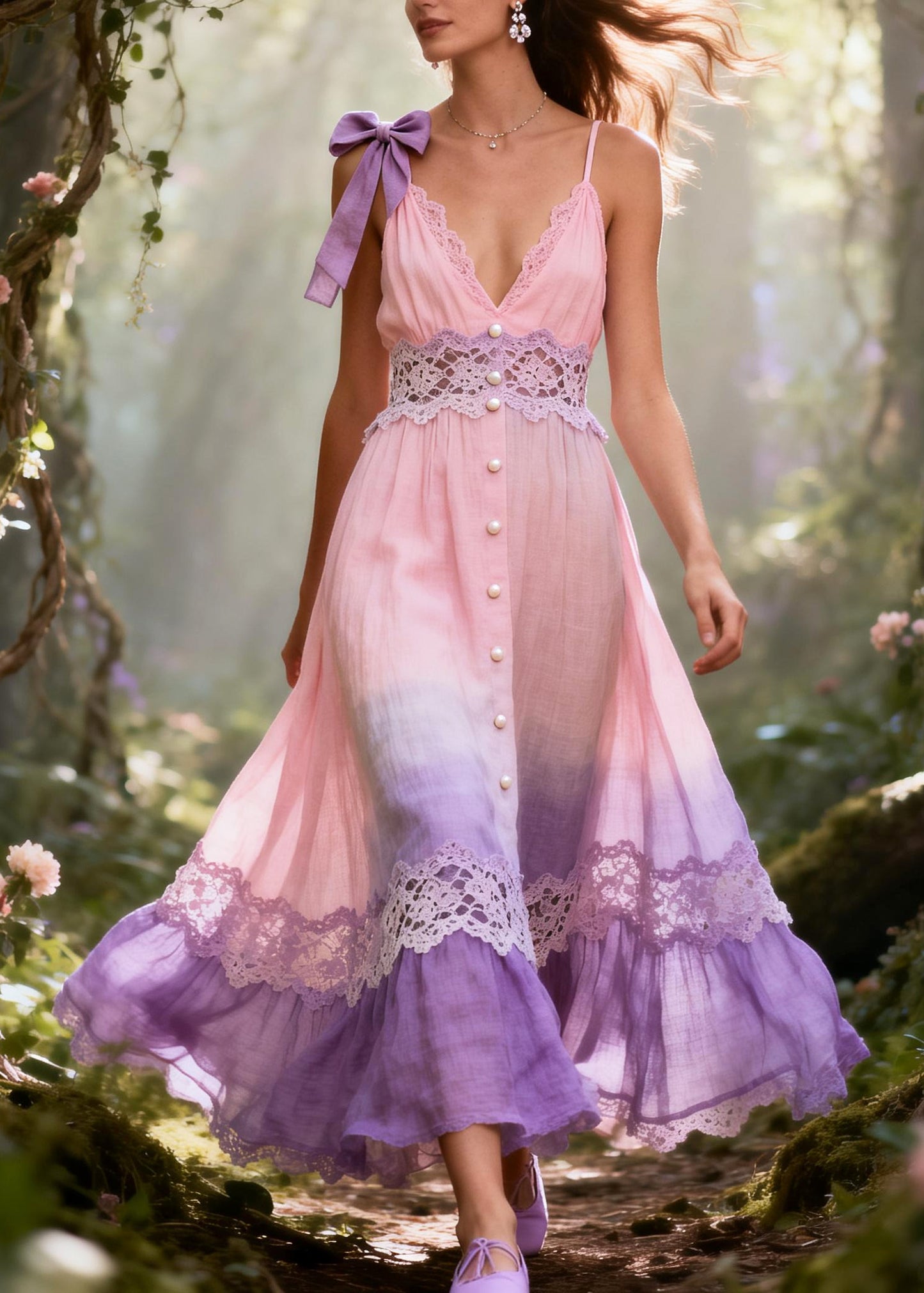Classy Gradient Color Lace Patchwork Fine Pearl Cotton Cami Dresses Summer