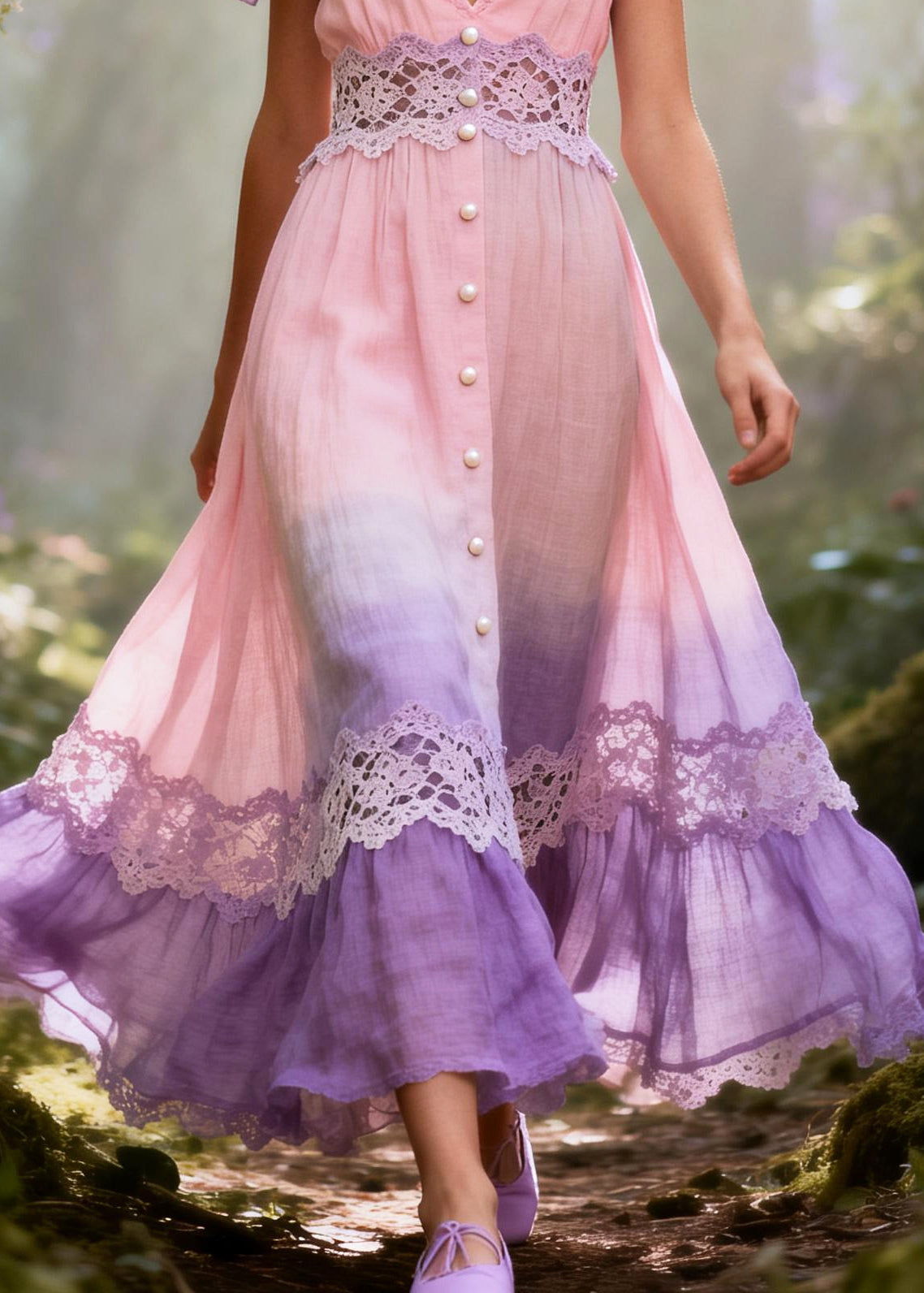 Classy Gradient Color Lace Patchwork Fine Pearl Cotton Cami Dresses Summer