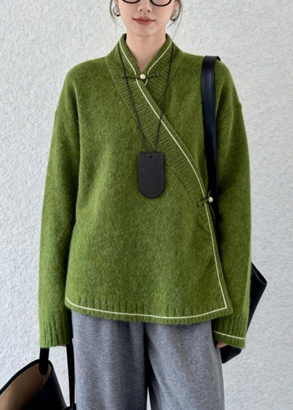 Classy Grass Green Stand Collar Chinese Button Knitted Tops Winter