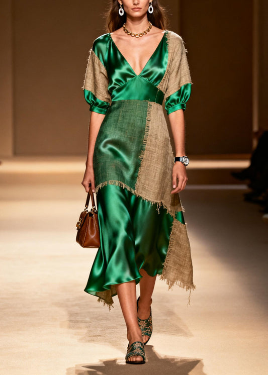 Classy Green Asymmetrical Patchwork Linen Silk Long Dress Summer