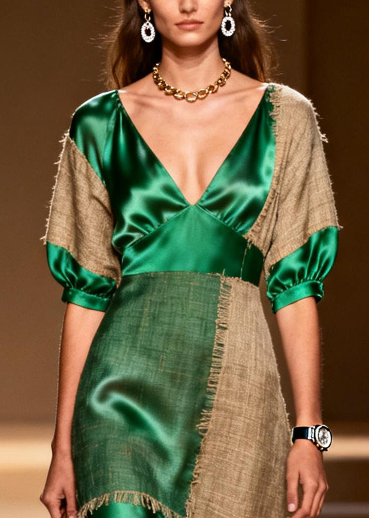 Classy Green Asymmetrical Patchwork Linen Silk Long Dress Summer