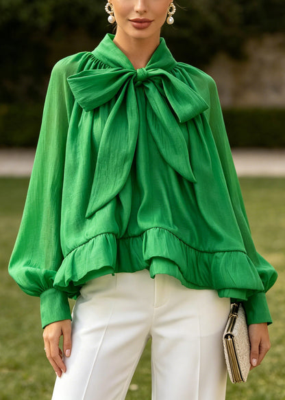 Classy Green Bow Puff Sleeve Plus Size Chiffon Shirt Top