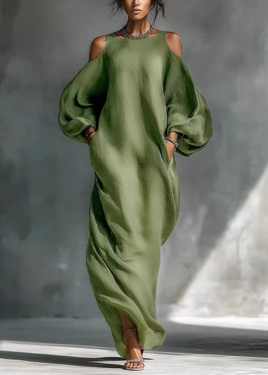 Classy Green Cold Shoulder Cotton Long Dresses Long Sleeve