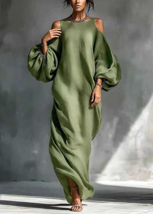 Classy Green Cold Shoulder Cotton Long Dresses Long Sleeve