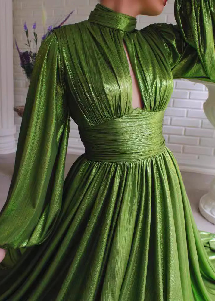 Classy Green Hollow Out Wrinkled Side Open Ankle Dress Spring