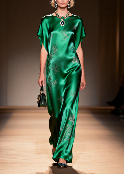 Classy Green O Neck Jacquard Silk Long Dress Summer