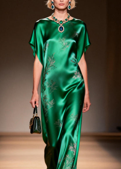 Classy Green O Neck Jacquard Silk Long Dress Summer