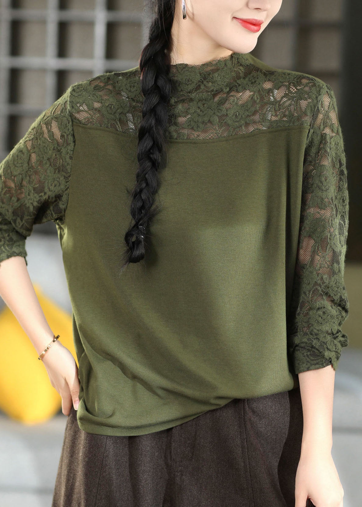 Classy Green O-Neck Lace Patchwork Tops Long Sleeve