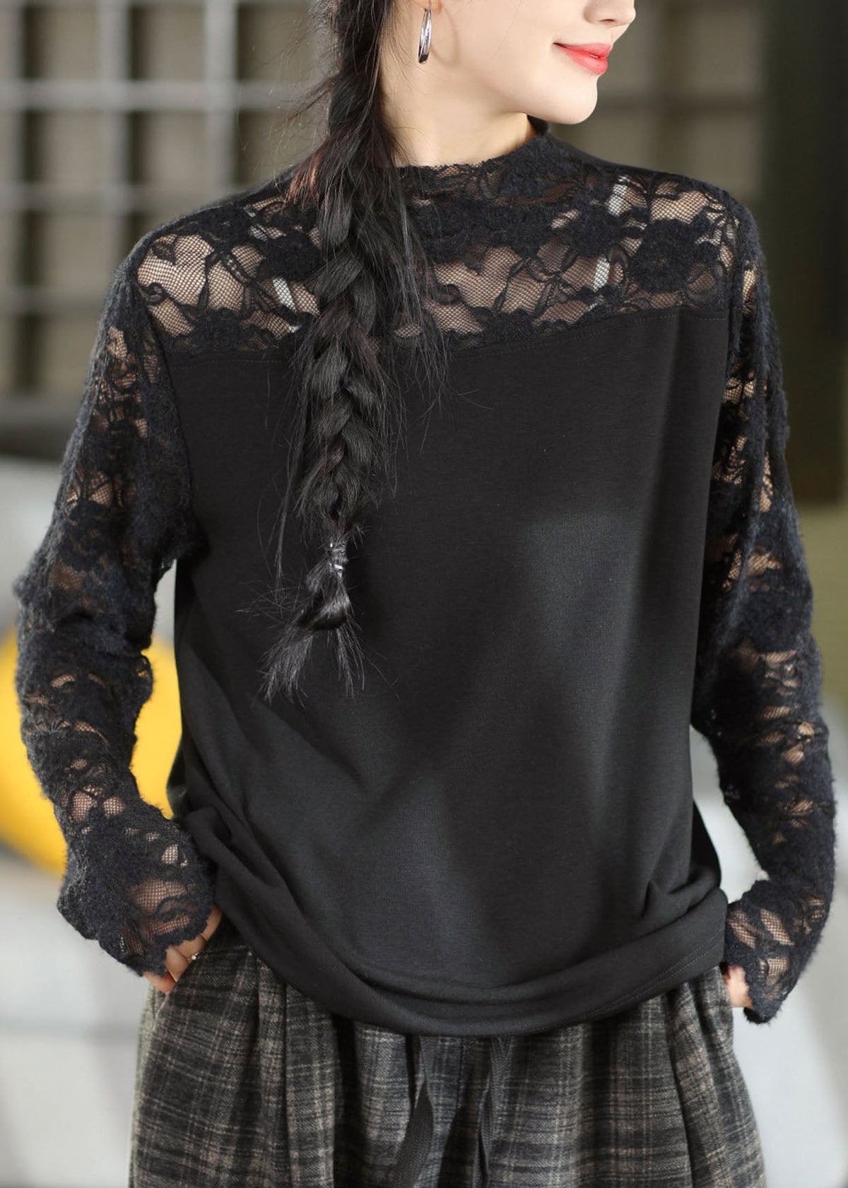 Classy Green O-Neck Lace Patchwork Tops Long Sleeve