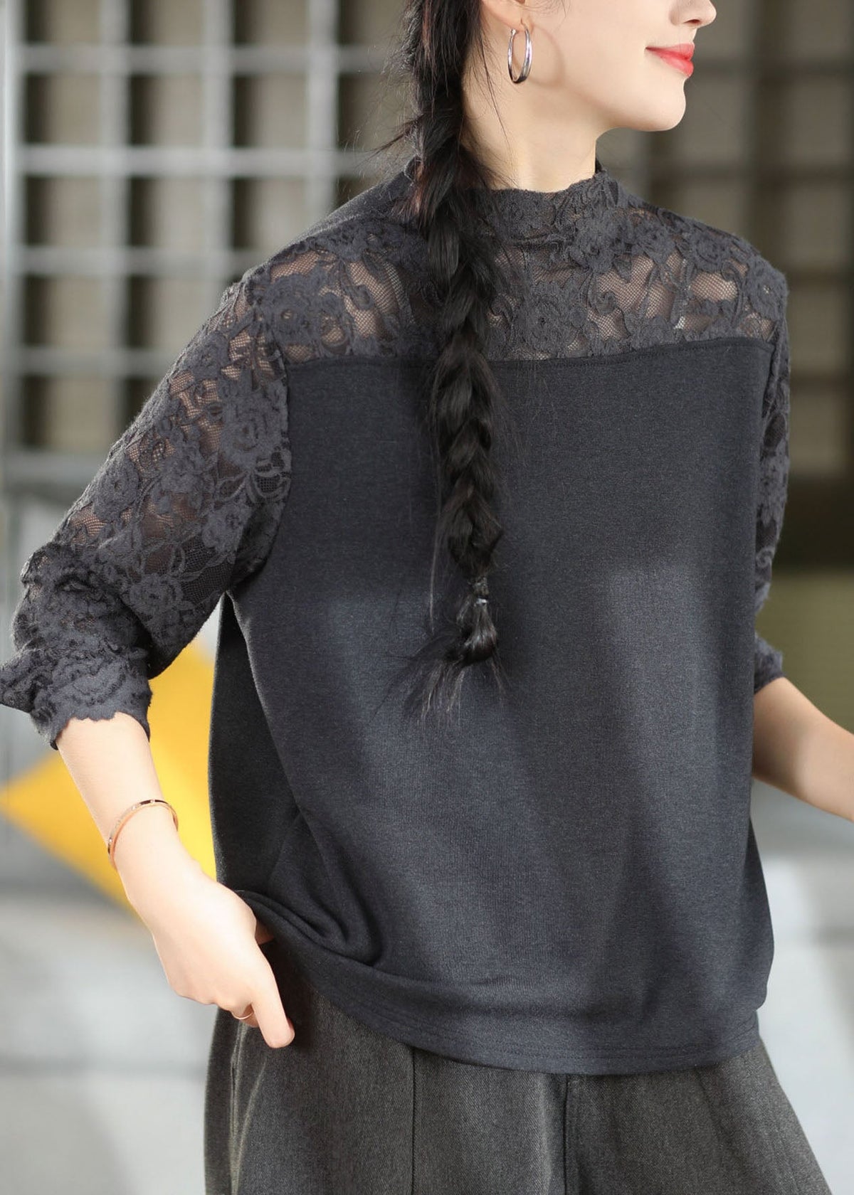 Classy Green O-Neck Lace Patchwork Tops Long Sleeve