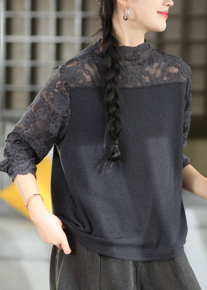 Classy Green O-Neck Lace Patchwork Tops Long Sleeve