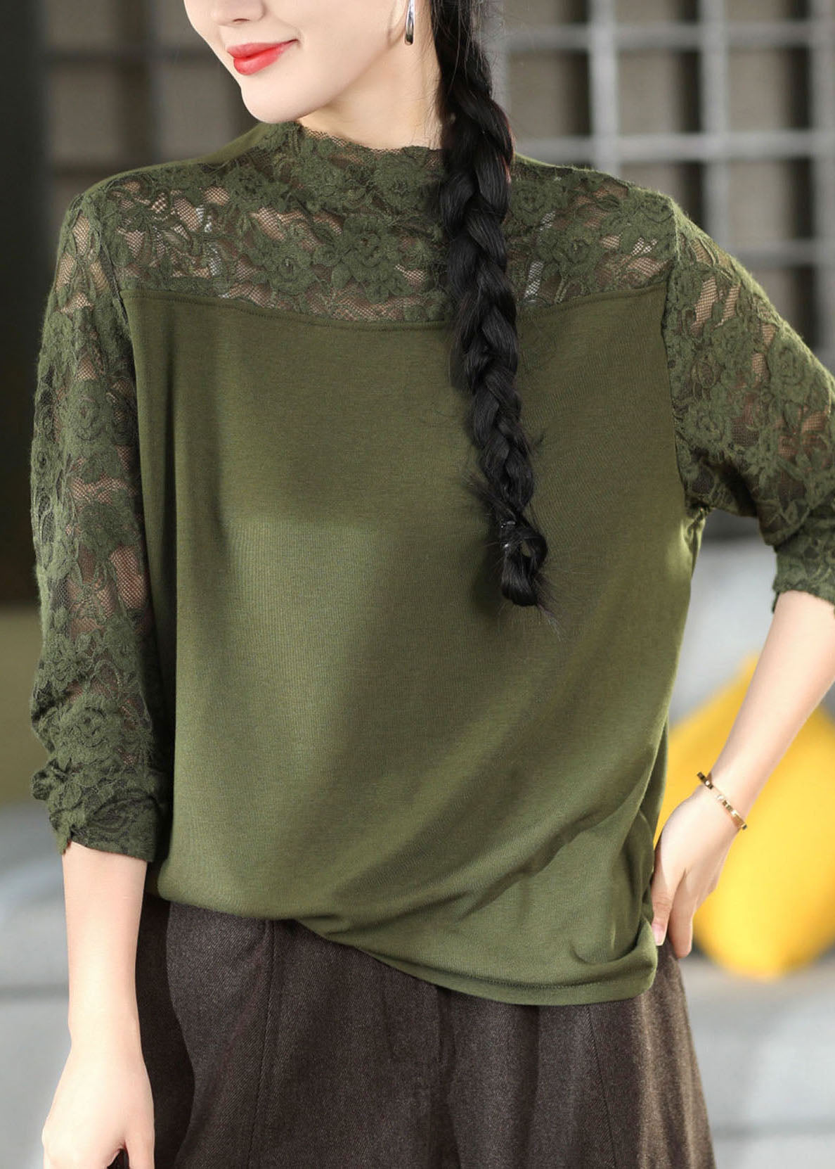 Classy Green O-Neck Lace Patchwork Tops Long Sleeve