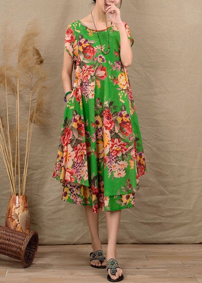 Classy Green O Neck Print Patchwork Cotton Ankle Dress Summer