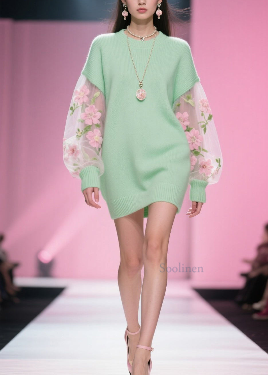 Classy Green O Neck Tulle Patchwork Knitwear Dress Fall